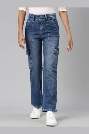 SHOWOFF Women Jean Straight Fit Clean Look Mid-Rise Light Fade Cargo Stretchable Jeans