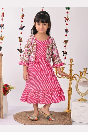 Sangria Girls Round Neck Cotton Sleeveless Lehriya Dress With Printed Jacket
