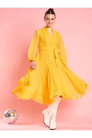 Antheaa Yellow V-Neck Wrap Bishop Sleeves Fit & Flare Midi Party Dress