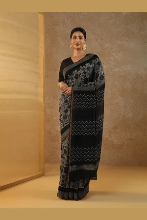 Taneira Floral Block Printed Zari Silk Cotton Chanderi Saree