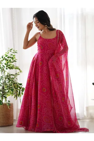 Fusionic Bandhani Printed Silk Anarkali Kurta With trouser & Dupatta