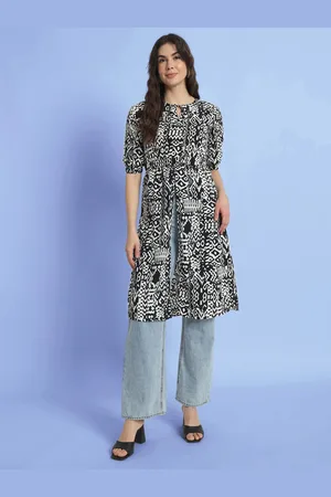 CHARMGAL Geometric Printed Tie-Up Neck Puff Sleeves A-Line High Slit Kurta