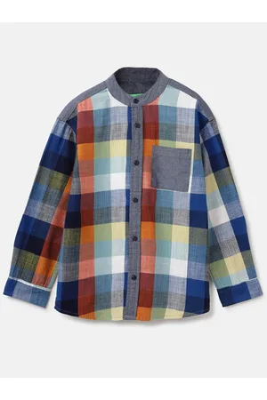 Benetton Boys Mandarin Collar Opaque Checked Casual Shirt