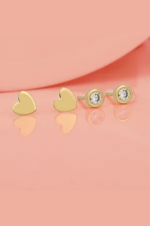 Carlton London Girls Set of 2 Gold-Plated Heart Shaped Studs Earrings