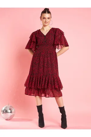 Antheaa Red Floral Printed V-Neck Flared Sleeve Fit & Flare Midi Party Dress