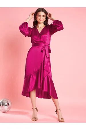 Antheaa Pink Puff Sleeve Layered Satin Wrap Midi Opaque Party Dress