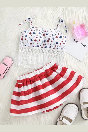 Stylecast Girls Red & White Printed Pure Cotton Crop Top With Skirt