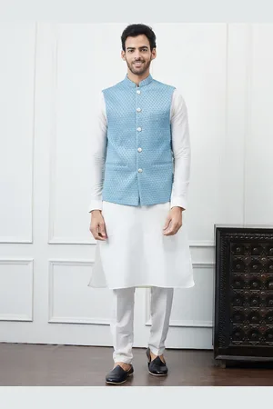 See Designs Mandarin Collar Pure Cotton Kurta with Pyjama & Woven Design Nehru jacket