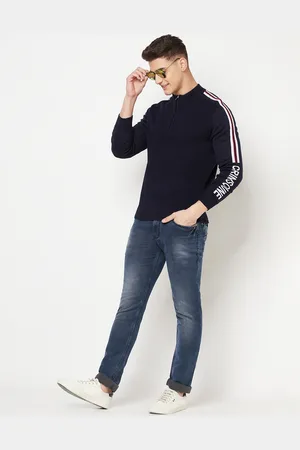 Crimsoune Club Men Navy Blue & White Typography Printed Pullover