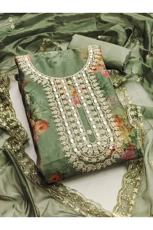 Kalini Floral Printed Thread Work Zari Organza Unstitched Dress Material
