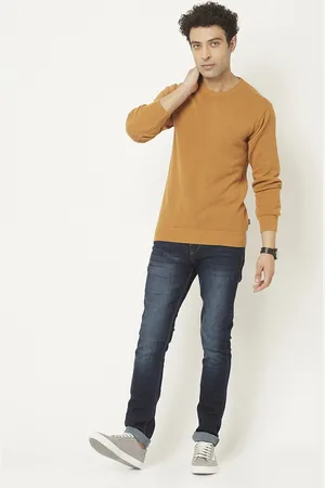 Crimsoune Club Men Orange Solid Round Neck Pure Cotton Pullover