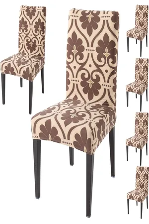 HOKIPO Brown & Beige 6 Piece Printed Stretchable Chair Covers
