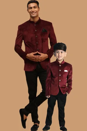 Vastramay Polka Dot Printed Slim Fit Single Breasted Bandhgala Velvet Blazer
