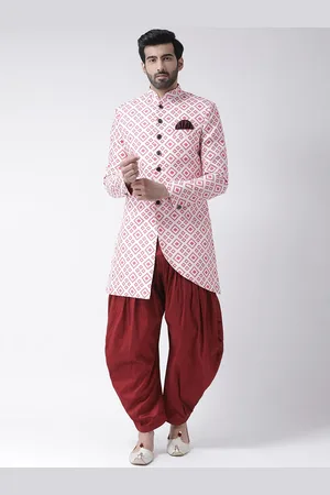 Hangup Men White & Pink Printed Sherwani Set