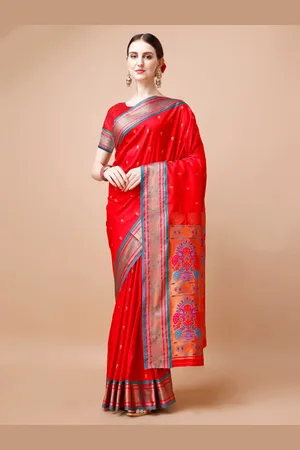 JustFashion Red & Blue Woven Design Zari Paithani Saree