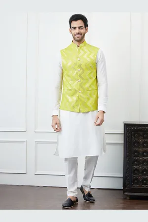 See Designs Mandarin Collar Pure Cotton Kurta with Pyjama & Woven Design Nehru jacket