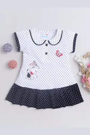 BUMZEE Girls Polka Dot Print Peter Pan Collar Drop-Waist Cap Sleeves Cotton Frock Dress
