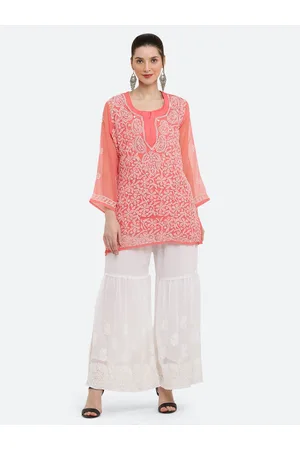 FAWOMENT Floral Embroidered Chikankari Kurti with Sharara