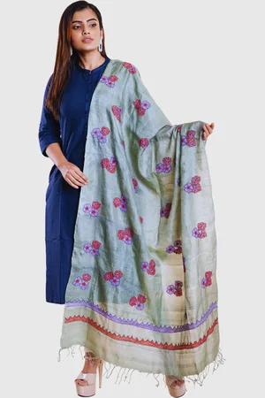 ArtEastri Olive Green & Red Embroidered Pure Silk Dupatta with Kantha Work