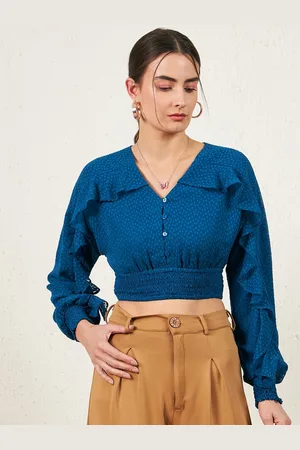 Rare Fashion Teal V-Neck Micro Ditsy Printed Georgette Crop Top