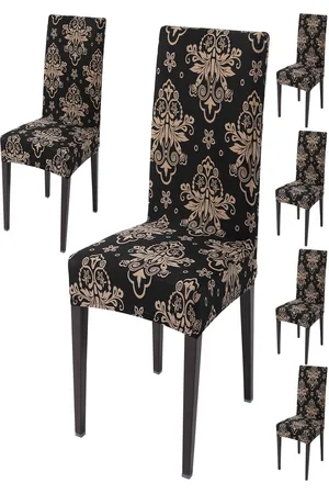 HOKIPO 6 Pcs Black & Brown Printed Stretchable Chair Covers