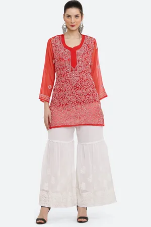 FAWOMENT Floral Embroidered Chikankari Kurti with Sharara