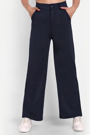 Broadstar Women Navy Blue Smart Loose Fit High-Rise Trousers