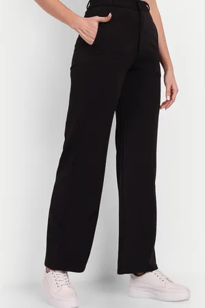 Broadstar Women Black Smart Loose Fit High-Rise Cotton Trousers