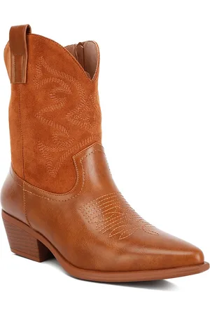 London Rag Women Thread Work Detail Block-Heeled Cowboy Boots