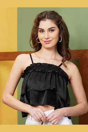 Globus Black Textured Shoulder Straps Party Crop Top