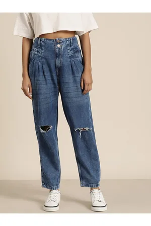 HERE&NOW Women Pure Cotton Mom Fit High-Rise Slash Knee Light Fade Stretchable Jeans