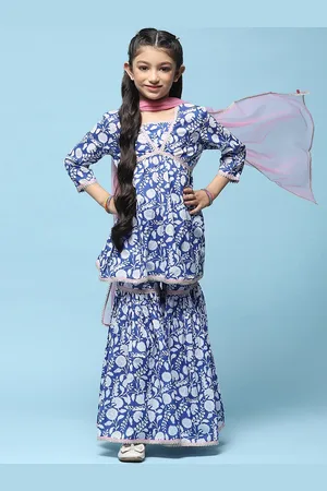Biba Girls Floral Printed Pure Cotton Straight Kurta With Sharara & Dupatta