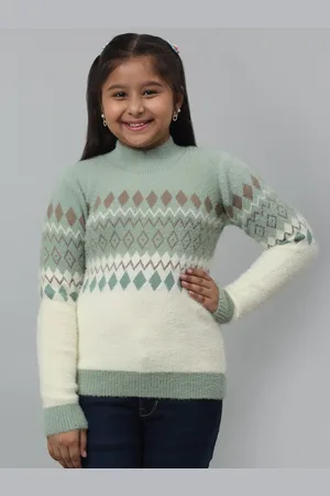 CANTABIL Girls Geometric Printed Mock Collar Long Sleeves Acrylic Pullover Sweater