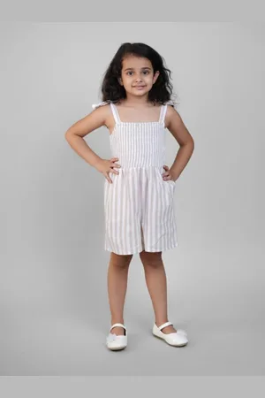 Biglilpeople Girls Striped Smocked Cotton Linen Play Jumpsuit