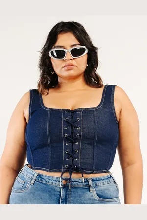 FREAKINS Plus Size Square Neck Tie-Ups Sleeveless Cotton Crop Top