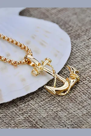 KARISHMA KREATIONS Unisex Gold Plated Stainless Steel Anchor Pendant With Chain