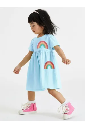 Stylecast Girls Blue Graphic Printed Round Neck Cotton Fit & Flare Dress