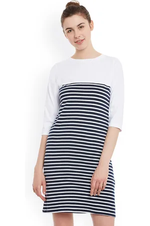 Miss Chase Women Navy Blue & White Striped T-shirt Dress