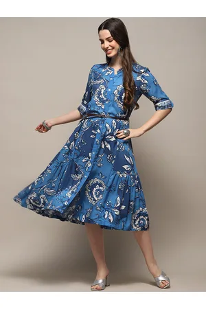 Biba Floral Printed Mandarin Collar A-Line Midi Dress