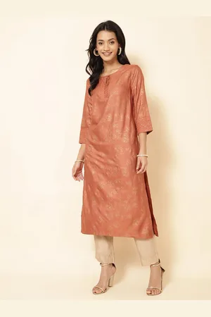 Fabindia Floral Printed Keyhole Neck Straight Kurta