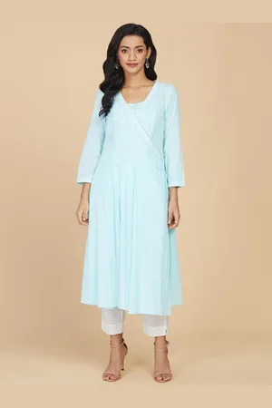 Fabindia Ethnic Motifs Embroidered Chikankari Angrakha A-Line Cotton Kurta With Slip