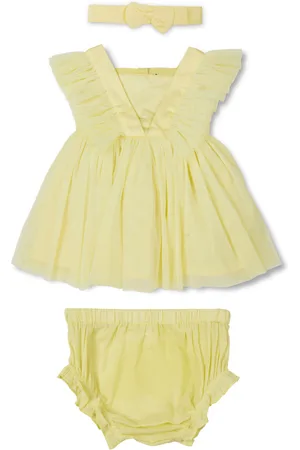 GJ baby Infants Girls Square Neck Ruffled Fit & Flare Dress With Hairband & Undies