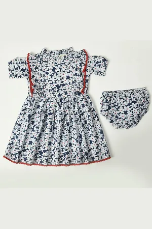 Bella Moda Girls Floral Printed Cold-Shoulder Sleeves Fit & Flare Pure Cotton Dress
