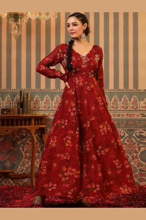 SCAKHI Floral Printed Sequinned Silk Maxi Ethnic Dresses