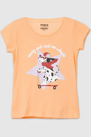Max Collection Girls Round neck Cap Sleeves Typography Printed Applique T-shirt
