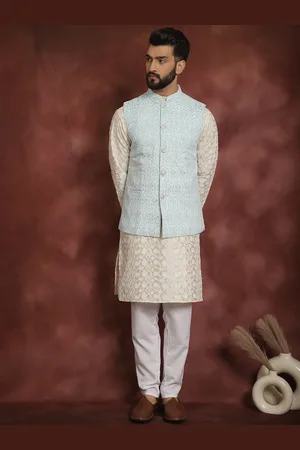 Anouk Floral Embroidered Mandarin Collar Thread Work Kurta & Churidar With Nehru Jacket