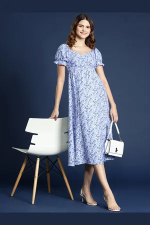 Mast & Harbour Side Slit Smocked Floral Print Puff Sleeve Empire Midi Dress