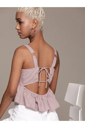 Roadster The Lifestyle Co. Cut-Out & Tie-Up Back Striped Cotton Peplum Crop Top