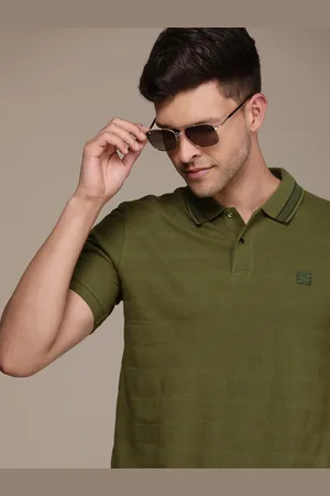 French Connection Self Striped Polo Collar Pure Cotton T-shirt