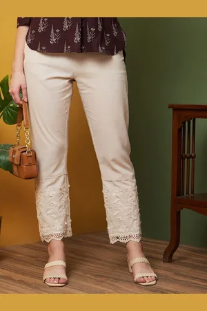 Globus Flat Front Partially Elasticated Waist Floral Applique Lace Hem Trousers
